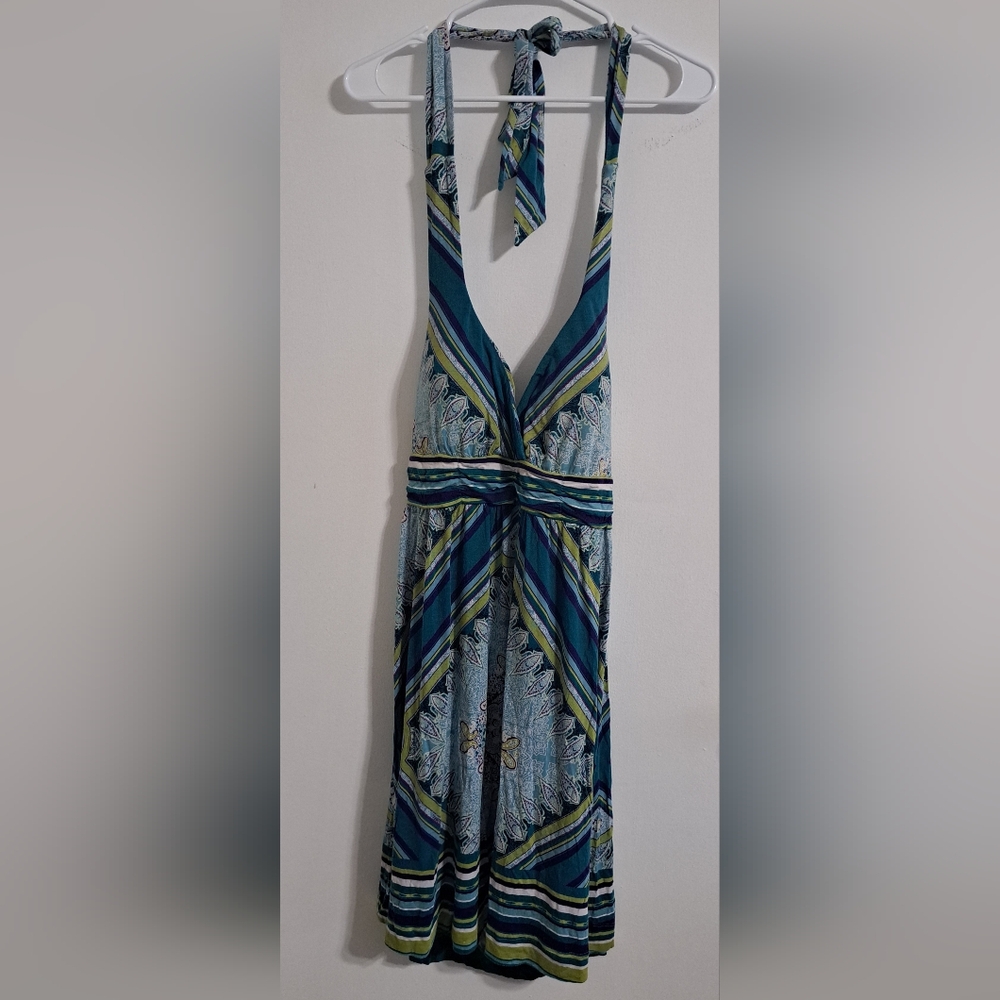 Soma Backless Halter Tie Padded Top Dress in Blue and Green